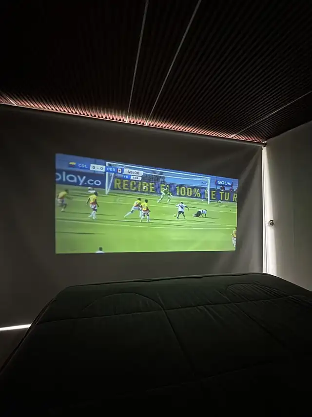 Proyector y pantalla para un partido o una película.
