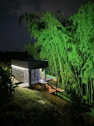 The cabin at night, with the bamboo lit from below.